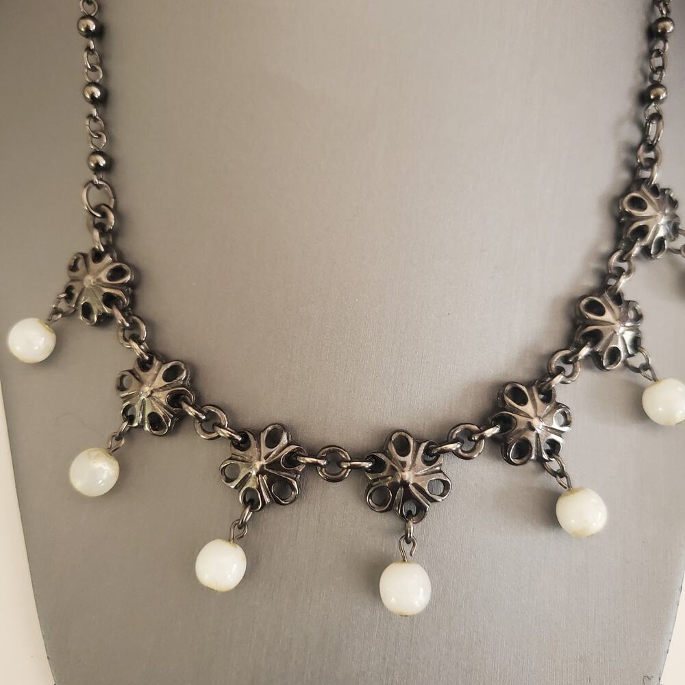 Babylone Paris Gunmetal Faux Pearl Statement Necklace French Designer